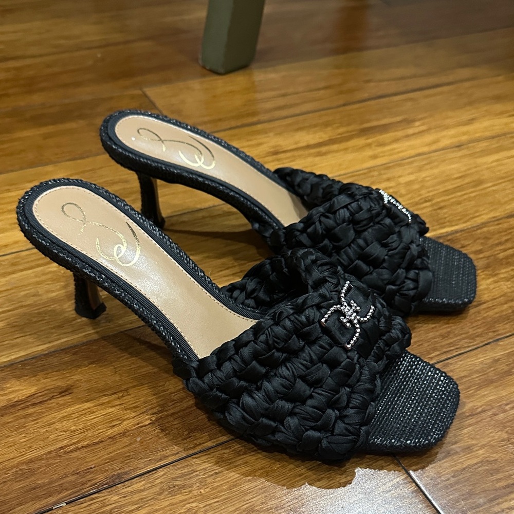Black Woven Heeled Mules